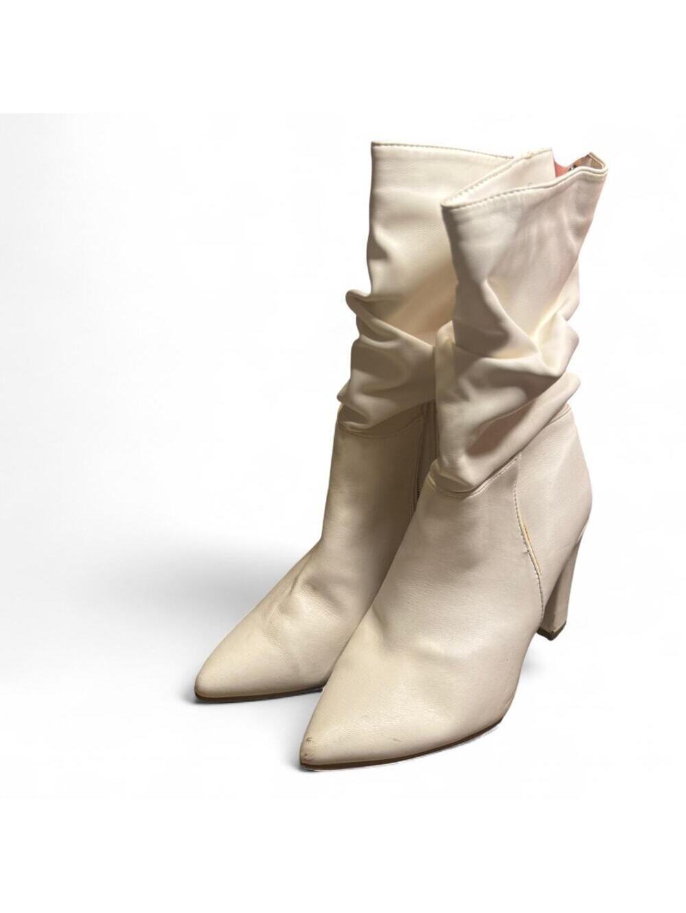 White Vegan Leather Rouched 70s Block Heel Gogo Disco Boots Womens Size 6.5
